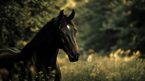 Photorealistic equine portrait in shallow forest light.