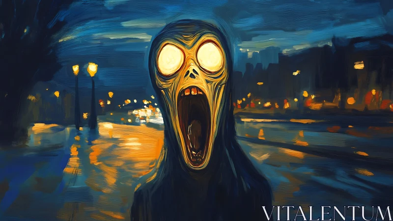 Nocturnal spectral scream amid luminance-saturated avenue.