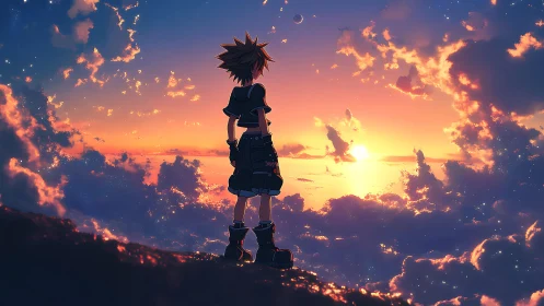 Silhouetted figure stands on ridge observing stratified sunset