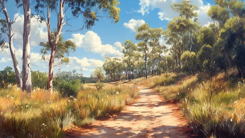 Dirt track passes through sunlit trees and dry grasses