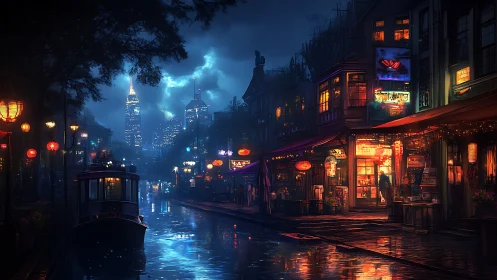 Canal street at night shows neon city skyline and reflections