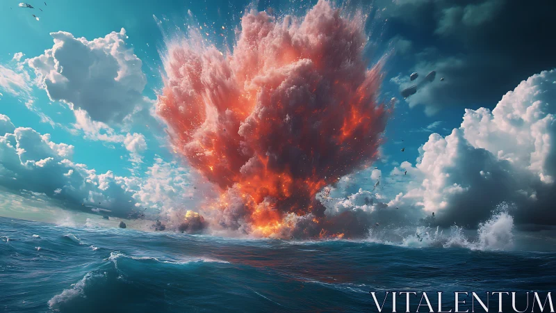 Fiery ocean blast erupts beneath towering storm clouds.