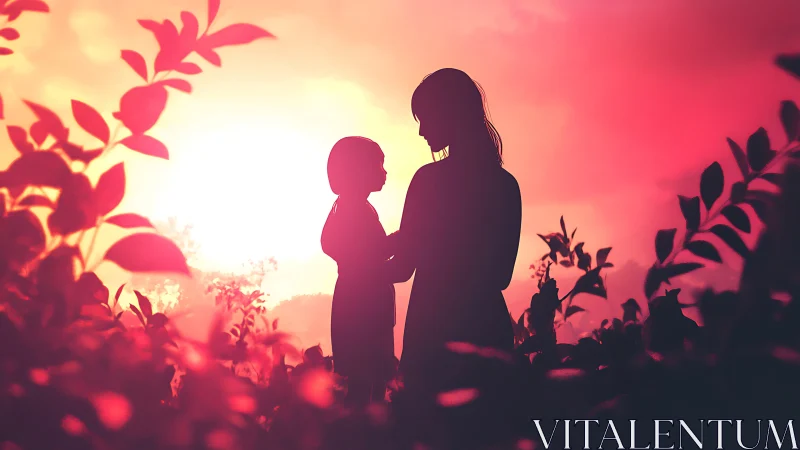 Silhouetted mother and child in vivid sunset garden glow.