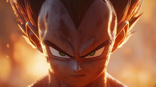 Intense close-up of stern anime warrior in fiery light.