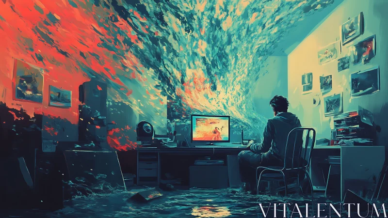 Creativity floods a lonely desk as digital oceans collide