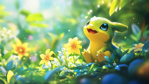 Joyful forest creature basking in luminous spring meadow.