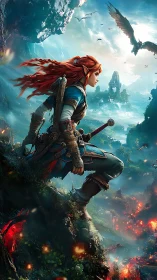 Elf warrior surveys burning valley in vast fantasy realm.