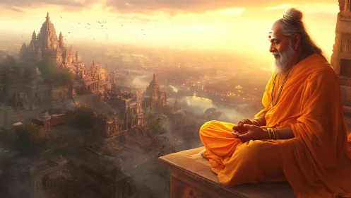 Sunlit sage overlooking golden temple labyrinths at dawn.