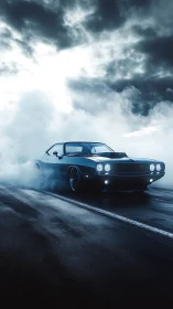 Muscle car drifting through stormy mist on wet asphalt road.