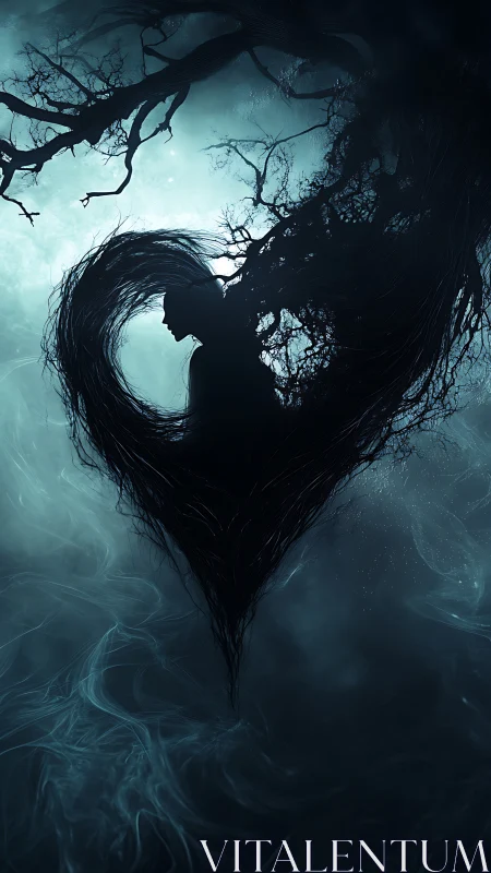 Silhouette entwined with heart-shaped branches in mist.