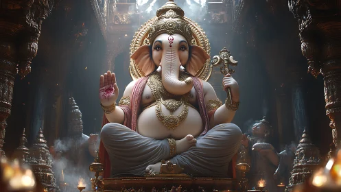 Hyper-detailed Ganesh idol amid volumetric temple luminance.