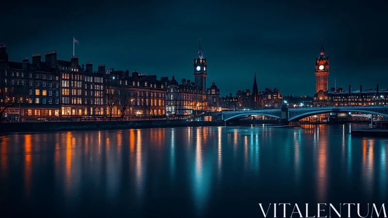 Riverside city skyline glows under deep blue night sky
