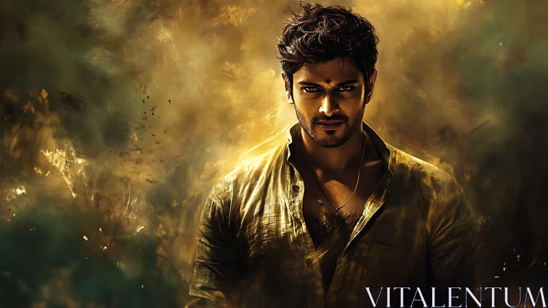 Portrait centers a man in golden-toned atmospheric haze