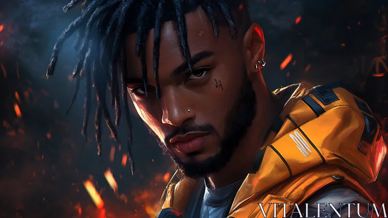 Male subject with yellow tech vest amid glowing embers.