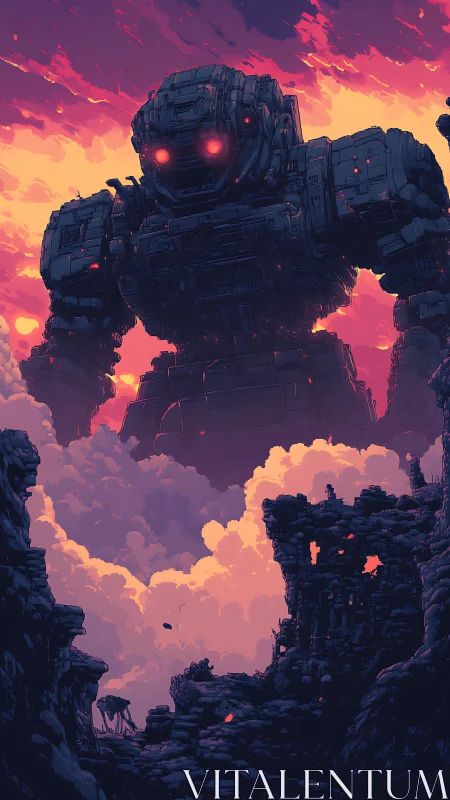 Colossal dusk mech looming above ember‑lit ruinscape.
