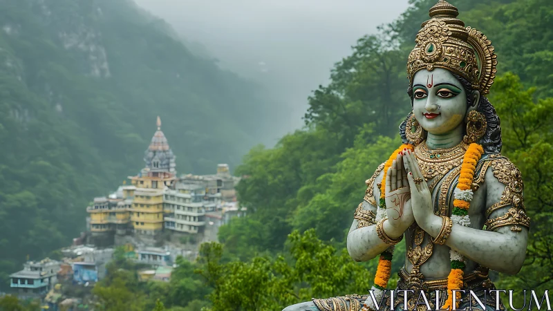 Ornate Hindu deity sculpture before misted Himalayan temple complex.