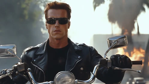 Cinematic biker android in leather jacket amid urban fire