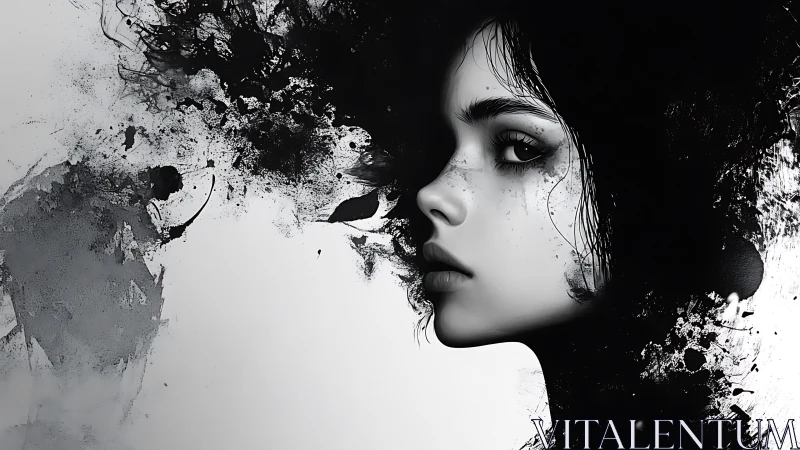 Monochrome portrait of woman merging with ink splashes.