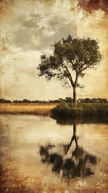 Solitary tree reflected in calm water under textured sky.