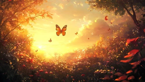 Golden-hour butterfly flight over luminous wildflower meadow.