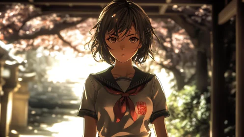 Schoolgirl stands in glowing shrine path under soft sakura light.