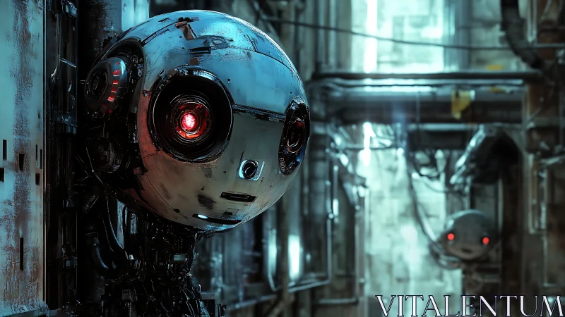 Spherical surveillance robot with red optical sensor observes corridor