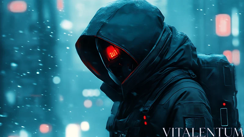 Hooded cybernetic scout in neon snowstorm vigil.