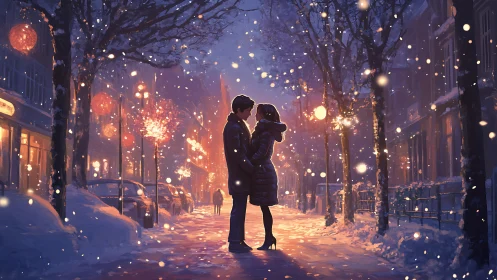 A Winter Kiss Beneath Glowing City Lights.
