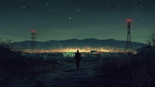 Lone wanderer approaching distant neon city at night.
