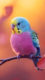 Pastel budgerigar portrait on branch at warm sunset bokeh