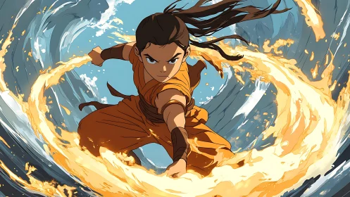 Monk warrior bends swirling fire against crashing water.