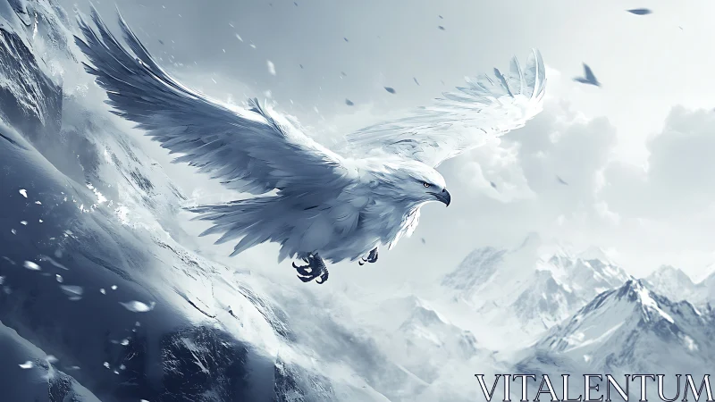 Majestic White Eagle Soaring Over Snowy Mountain Peaks, Digital Art.