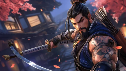 Storm-eyed archer poised beneath falling cherry fire petals.