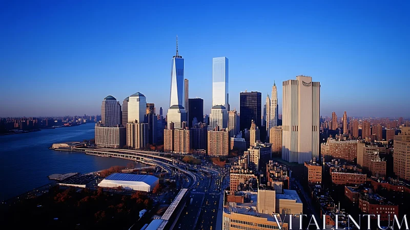 Modern financial district skyline rendered in crisp daylight realism