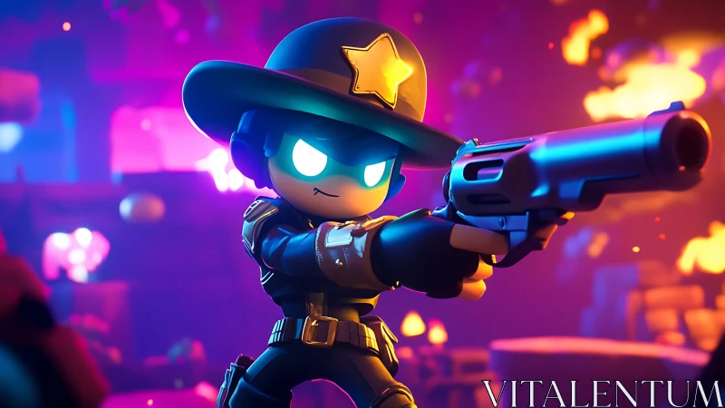 Glow-eyed space sheriff aims blaster in neon battle arena