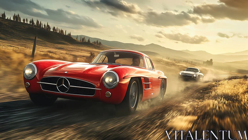 Photorealistic vintage sports car chase on dusty country road.