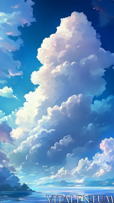 Vertical cumulonimbus formation above reflective coastal water.