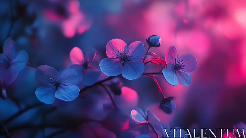 Neon Blossoms: Blue and Pink Flowers in Glowing Light.