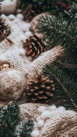 Cozy holiday pine branches with warm knits and sparkle.