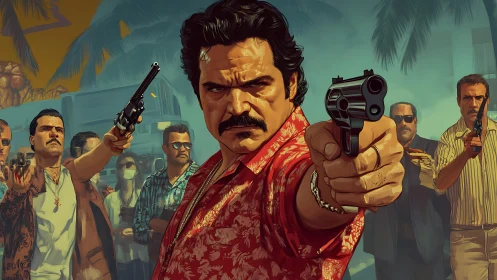 Armed men confronting viewer in stylized tropical street scene.