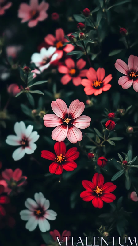 Cosmos flowers in varying red, pink and white tones with selective focus