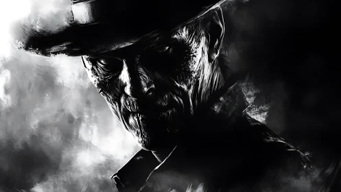 Monochrome portrait of weathered man in hat, side-lit profile.