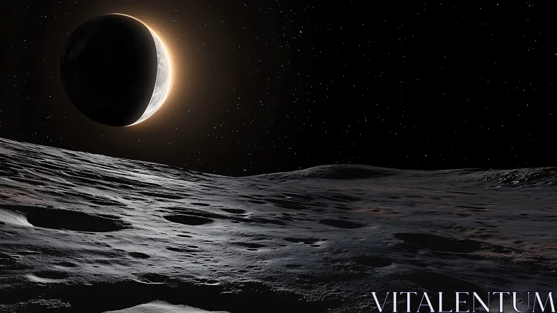Moonlit crescent eclipse gently glowing above silent craters.