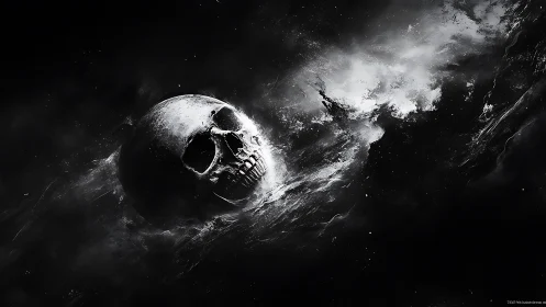 Haunting skull adrift in swirling cosmic darkness.