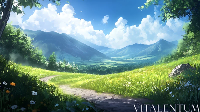 Luminous mountain valley path under volumetric summer sky.