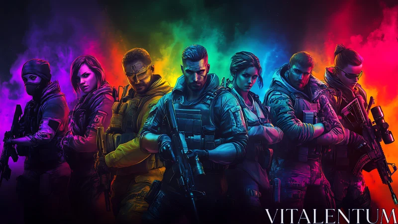 Team of tactical operators stands before multicolor gradient backdrop