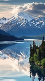 Snow crowned mountains rest quietly above a glassy lake