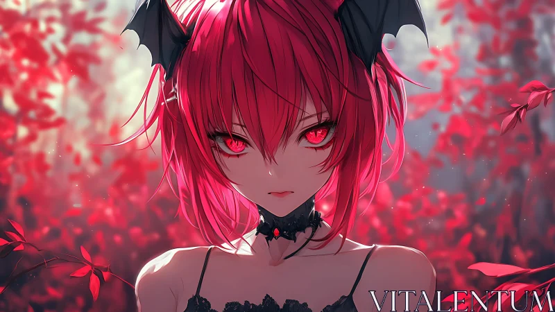 Anime portrait of crimson demon girl in floral bokeh field.