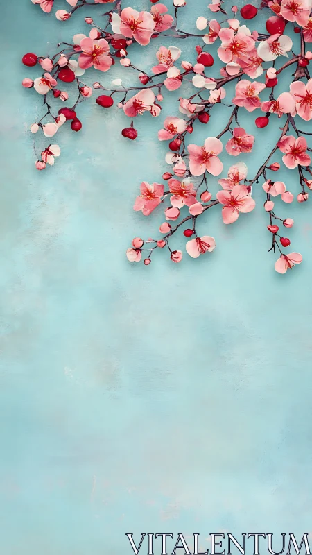 Pink Cherry Blossoms Against Turquoise Wall.