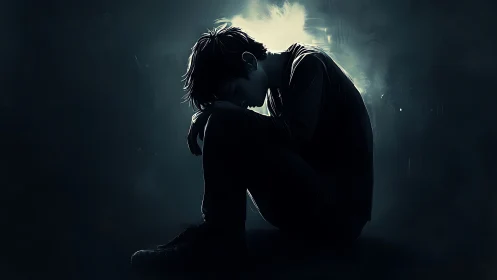 Solitary figure curls inward amid a haunting teal glow